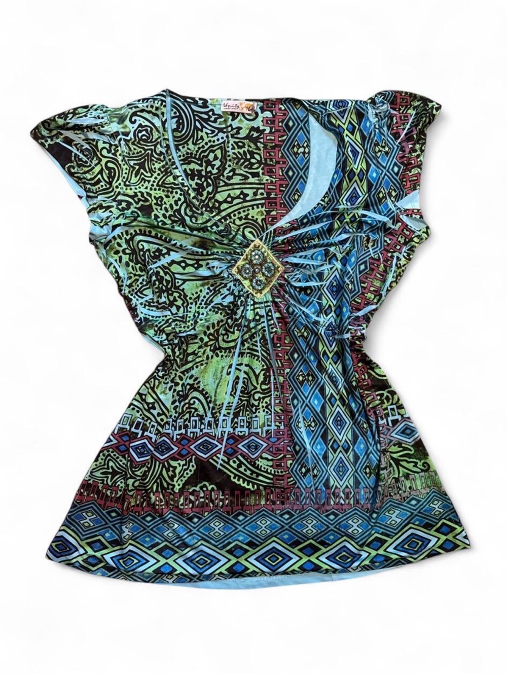 Women’s vintage y2k fairy Unity World Wear Mixed-Print Mini Dress- Green & Blue